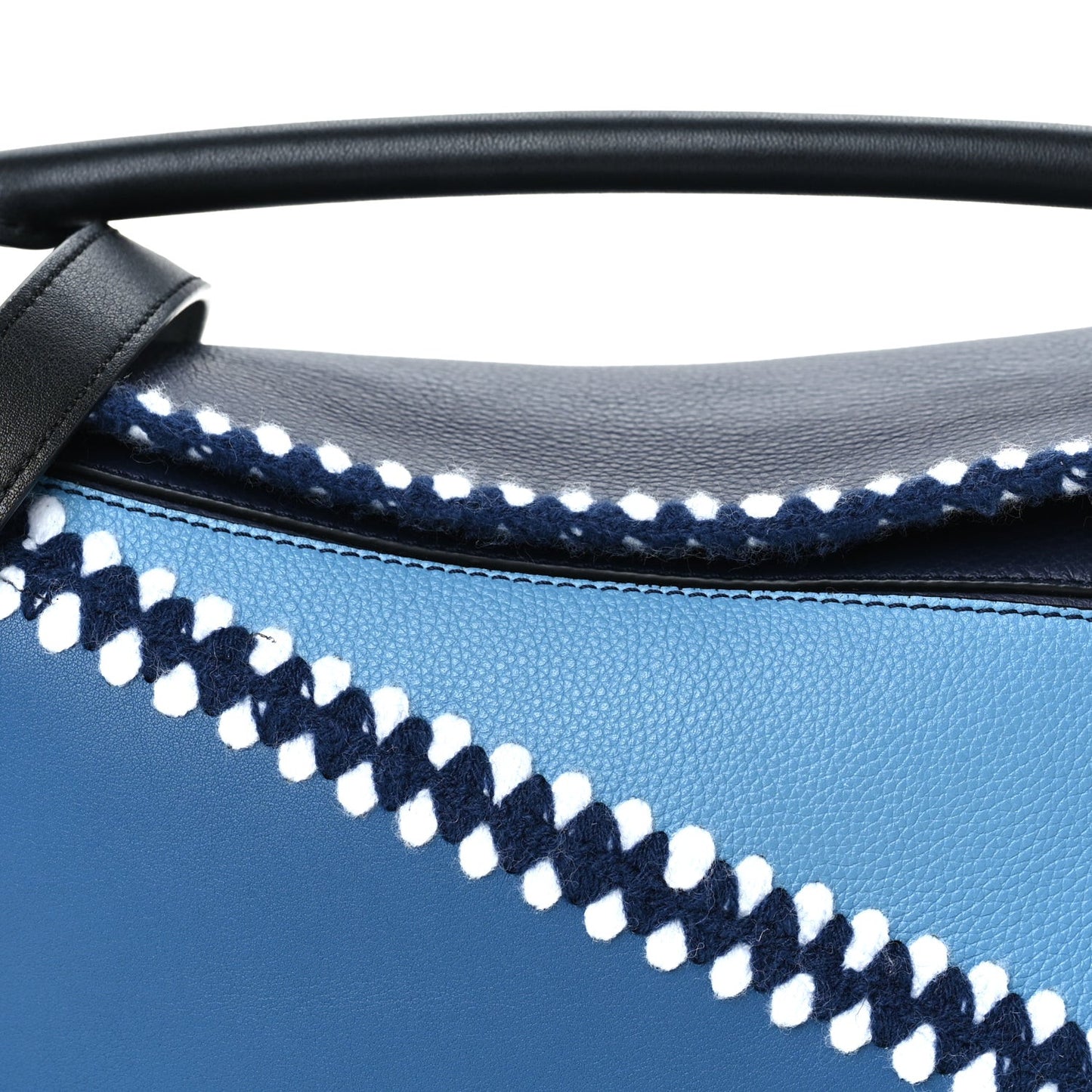 Calfskin Crochet Trim Small Puzzle Bag Blue White