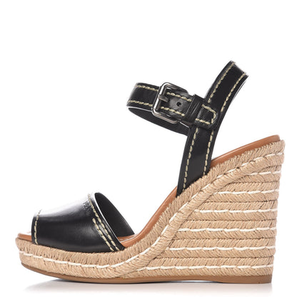 Prada Nappa Wedge Espadrille Sandals 37.5 Nero Black 1 of 9