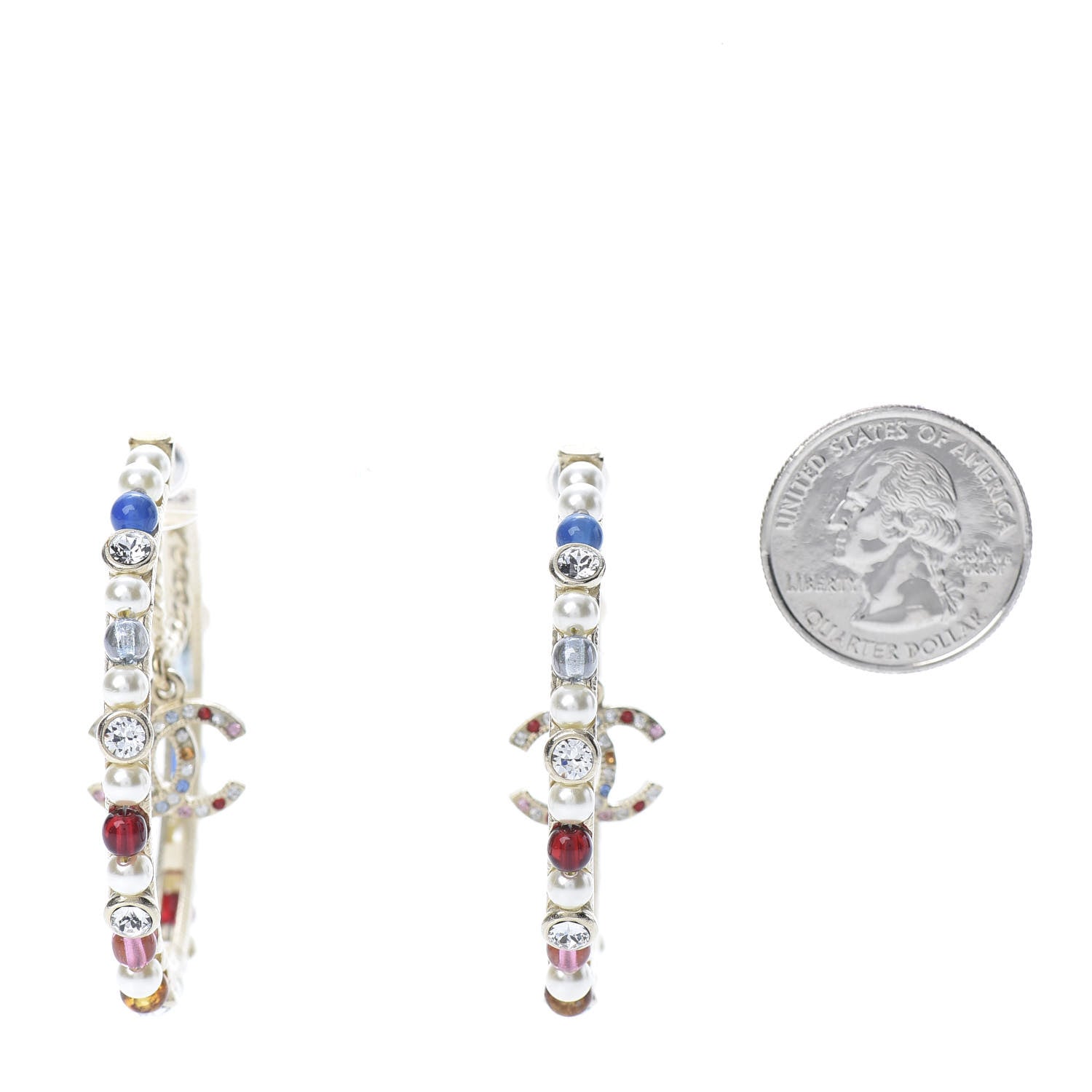 Chanel Crystal Pearl Bead CC Drop Hoop Earrings Gold Multicolor 2 of 6