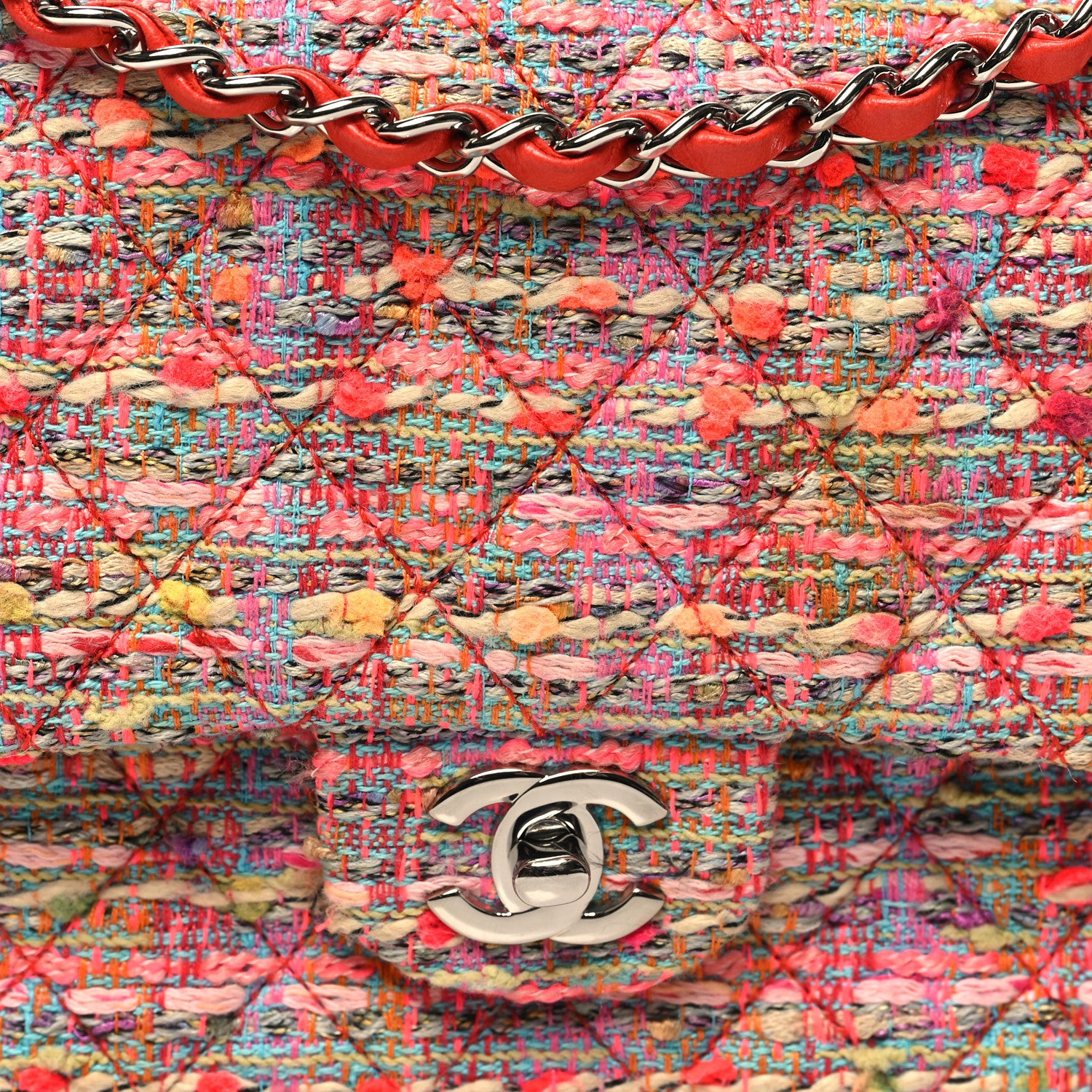 Chanel Tweed Quilted Medium Double Flap Pink 8 of 10