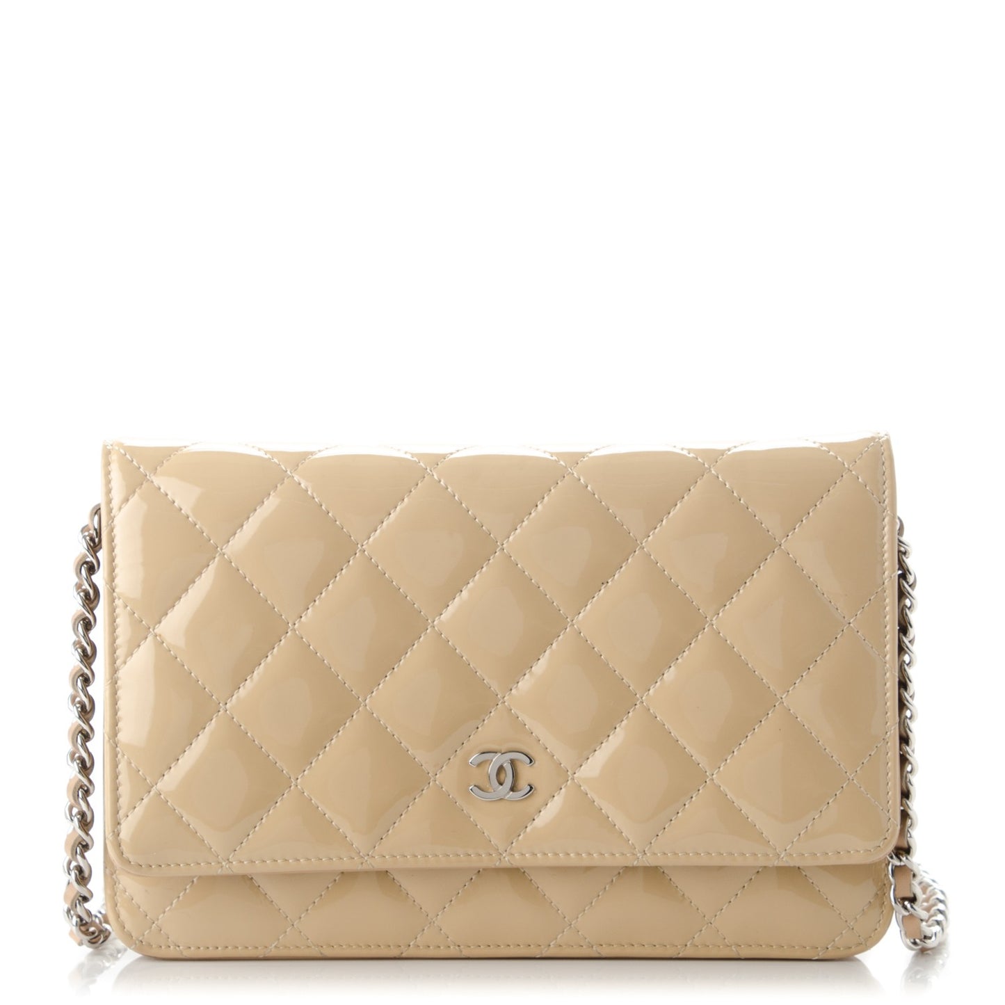 Patent Quilted Wallet On Chain WOC Beige