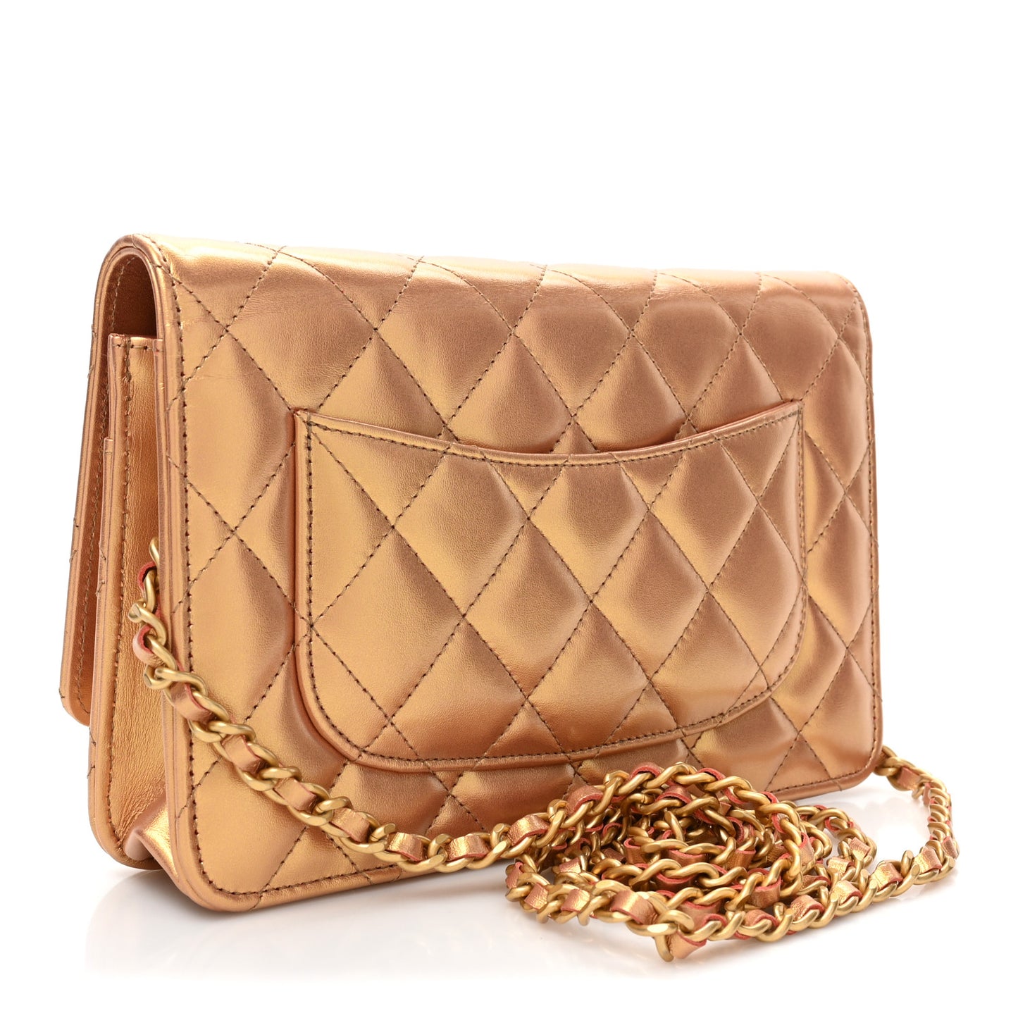 Metallic Lambskin Quilted Wallet On Chain WOC Golden