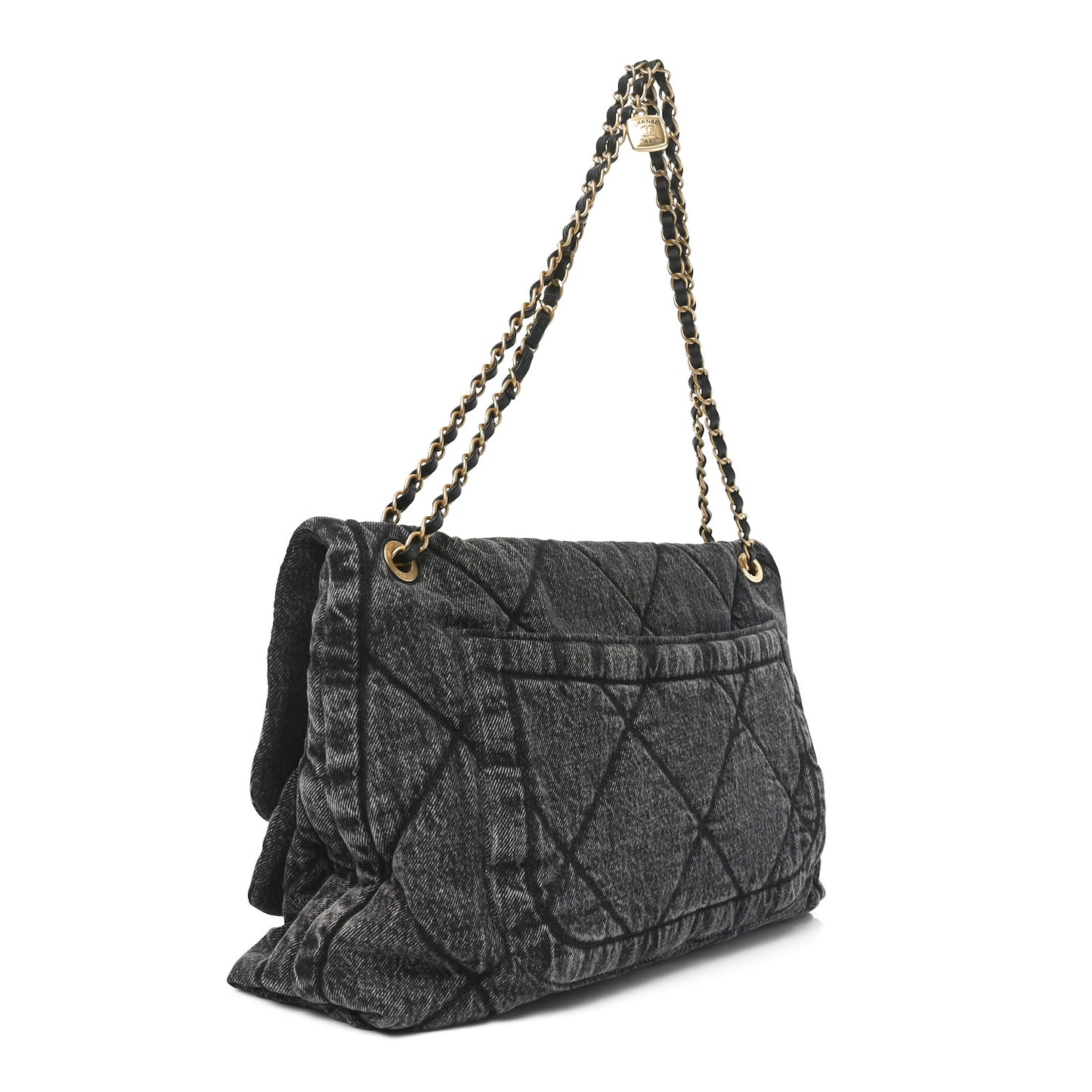 Washed Denim Quilted Maxi Flap Bag Black