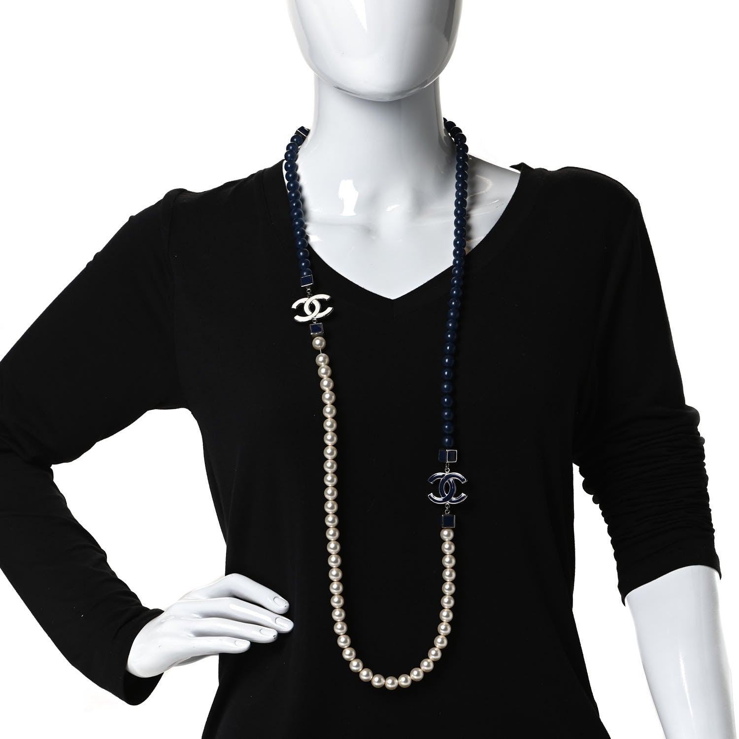 Chanel Pearl CC Long Necklace Pearly White Blue 2 of 7