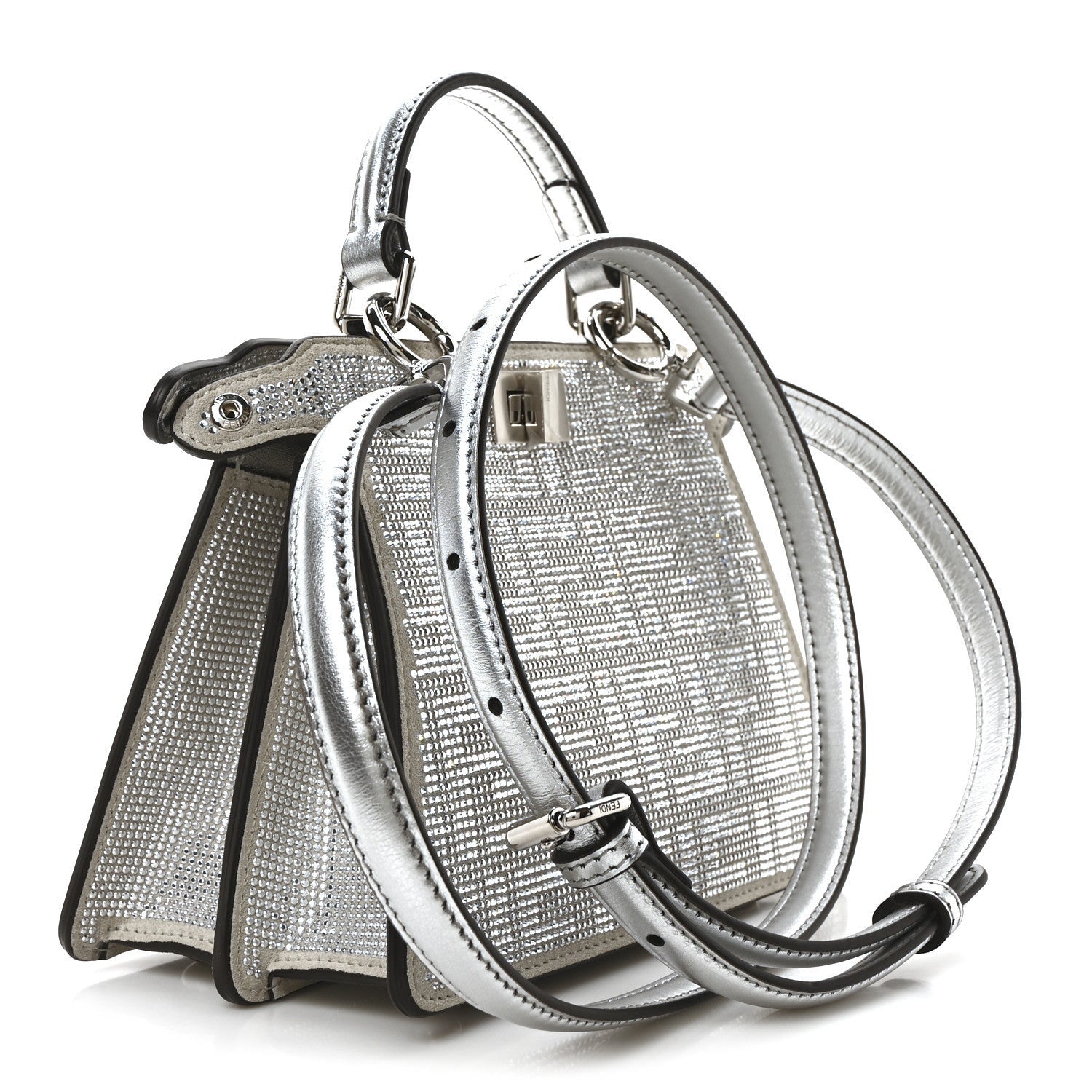 Fendi Crystal Vitello Laminato FF Petite Peekaboo I SEE U Satchel Crystal Argento 3 of 7