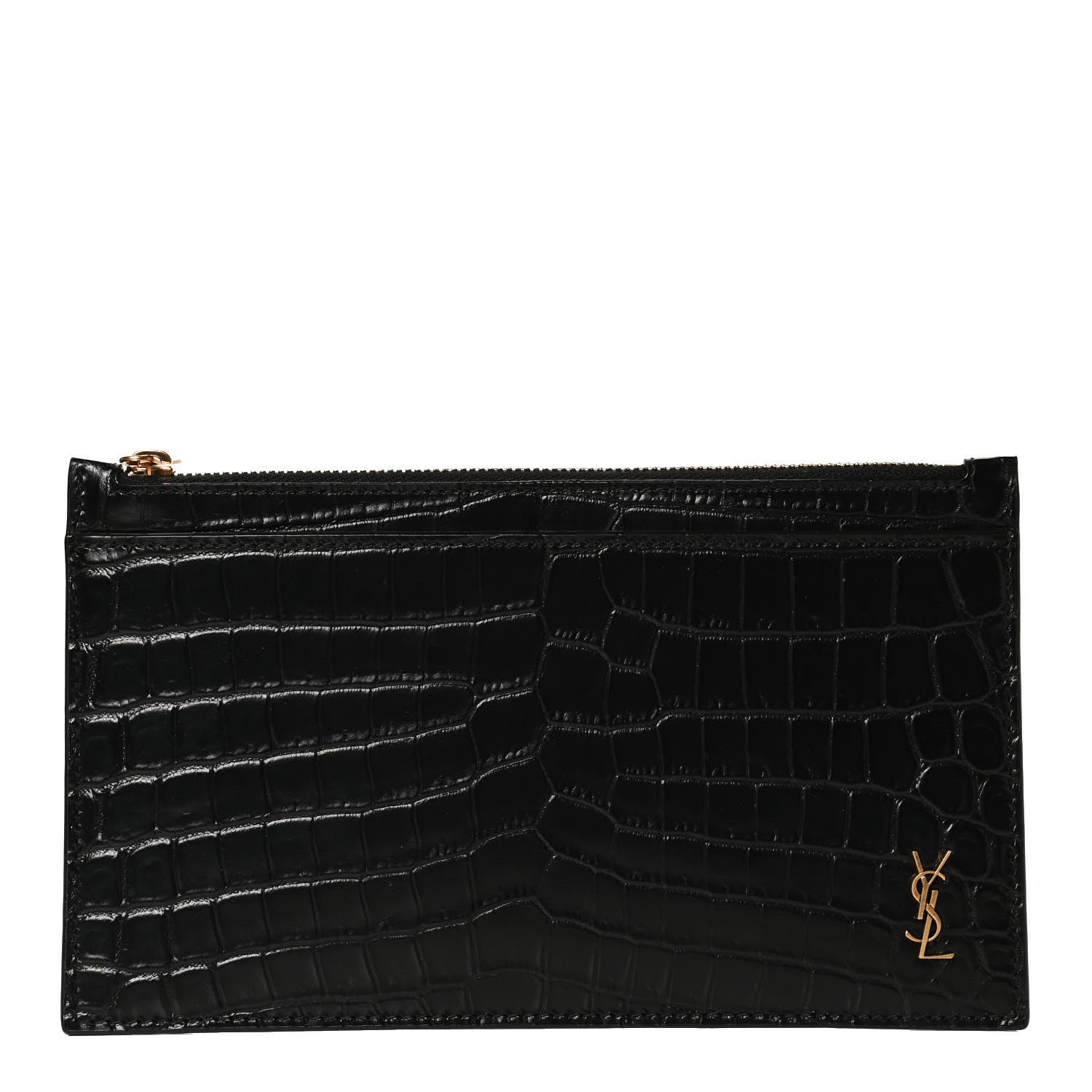 Saint Laurent Calfskin Crocodile Embossed Monogram Bill Pouch Black 1 of 11