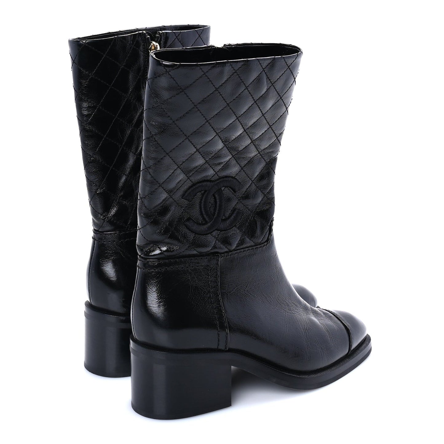 Shiny Crumpled Calfskin Quilted CC High Boots 37.5 Black