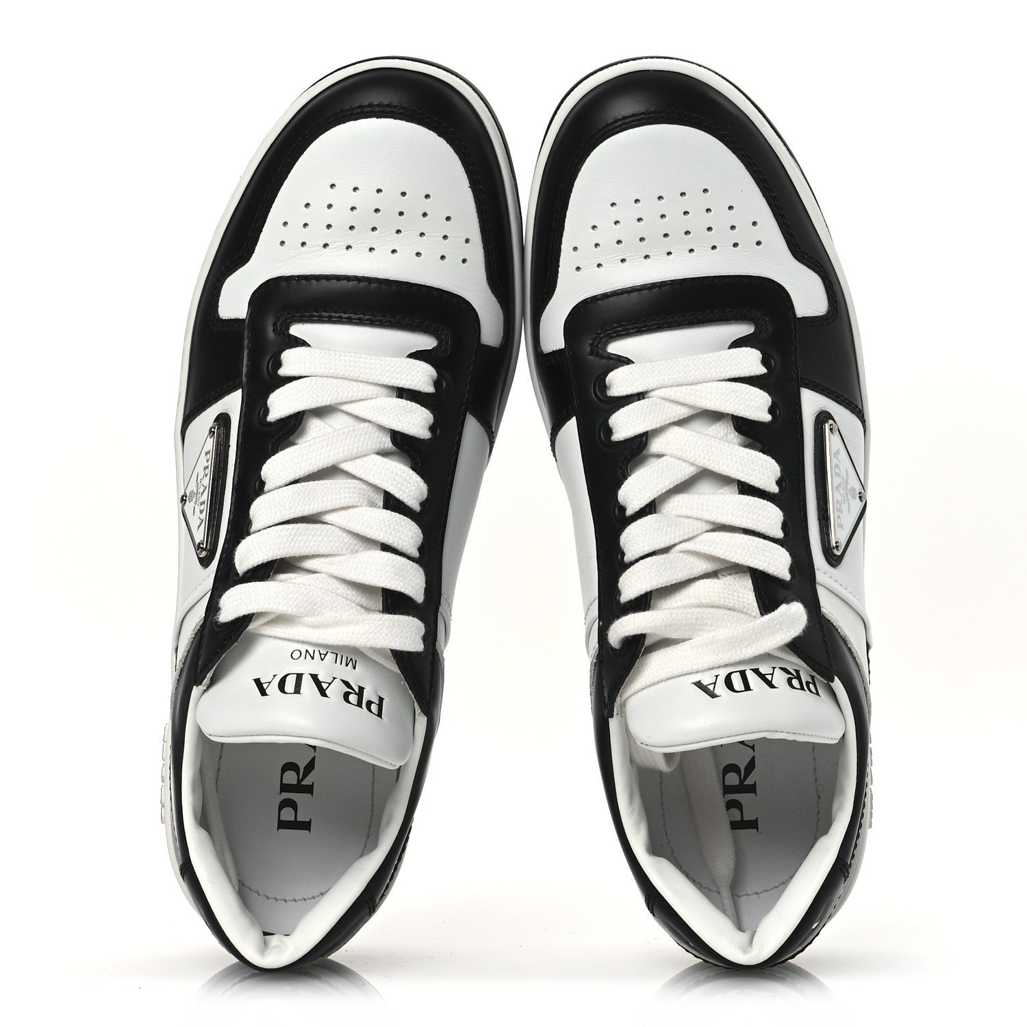 Prada Vitello Sport Spazzolato Rois Metal Triangle Logo Downtown Low Top Sneakers 37.5 White Black 2 of 7