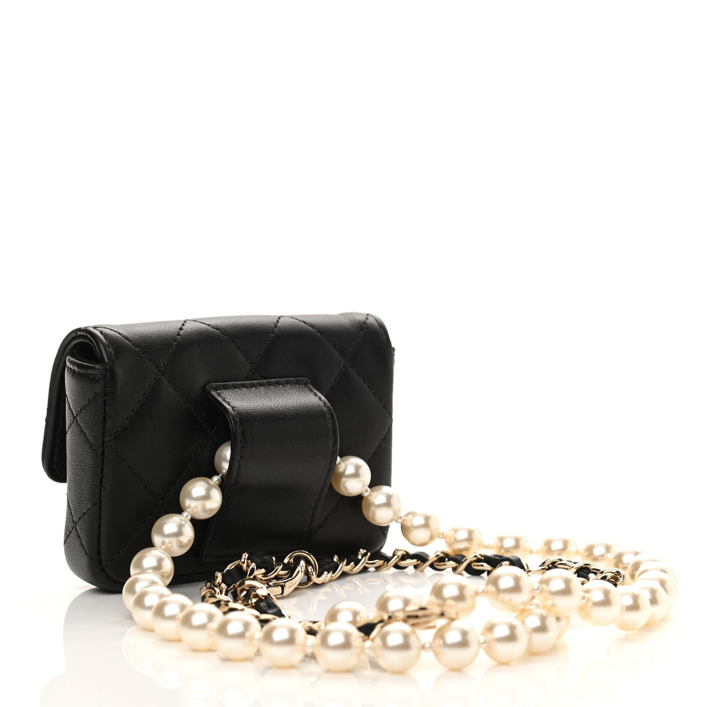 Lambskin Quilted Pearl Chain Belt Bag Black