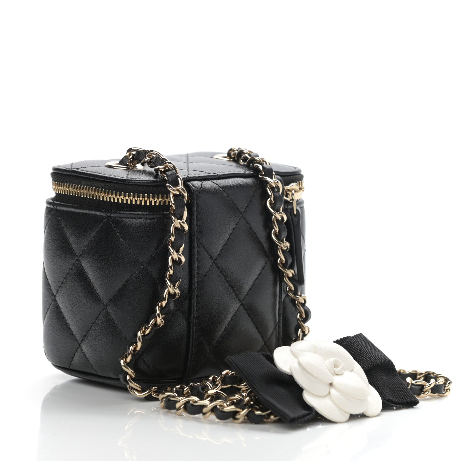 Chanel Lambskin Quilted Mini Camellia Bow Vanity Case With Chain Black 3 of 9