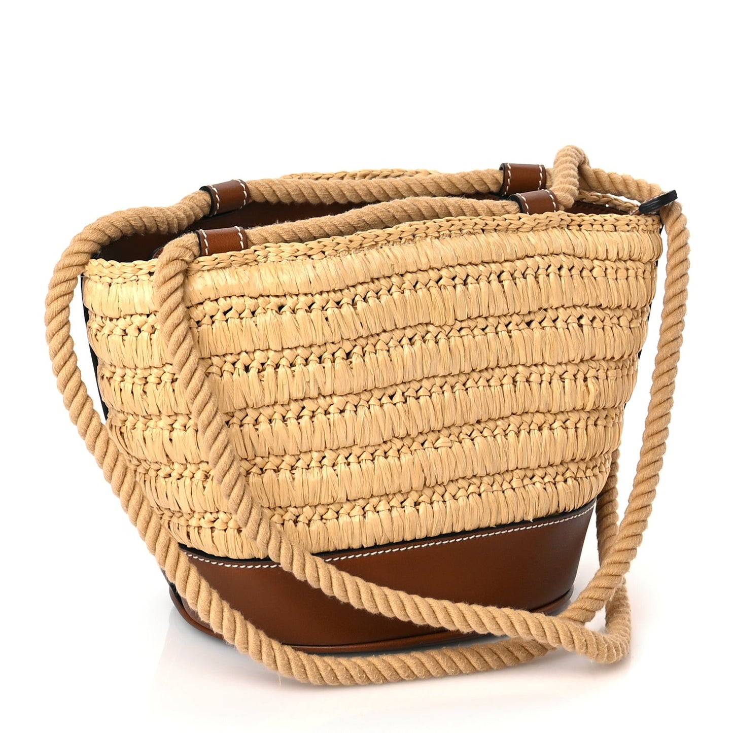 Raffia Calfskin Woven Mini Bucket Bag Brown