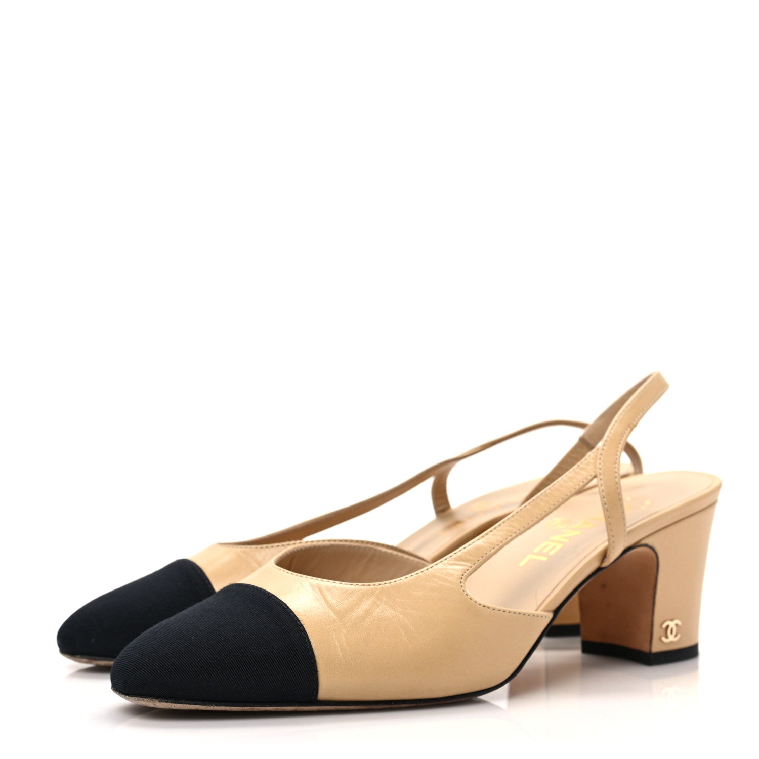 Chanel Lambskin Grosgrain Cap Toe CC Slingback Pumps 38.5 Beige Black 4 of 7