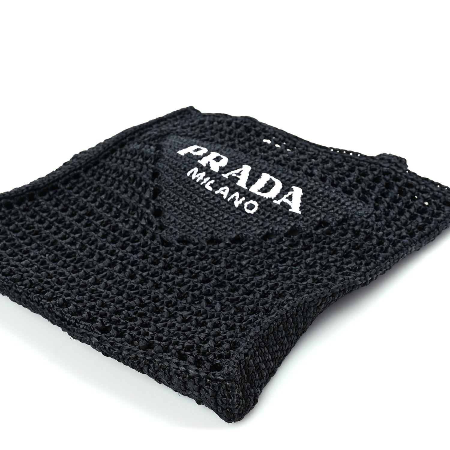 Prada Yarn Raffia Effect Crochet Logo Embroidered Tote Bag  Black 8 of 8
