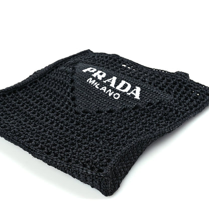 Prada Yarn Raffia Effect Crochet Logo Embroidered Tote Bag  Black 8 of 8