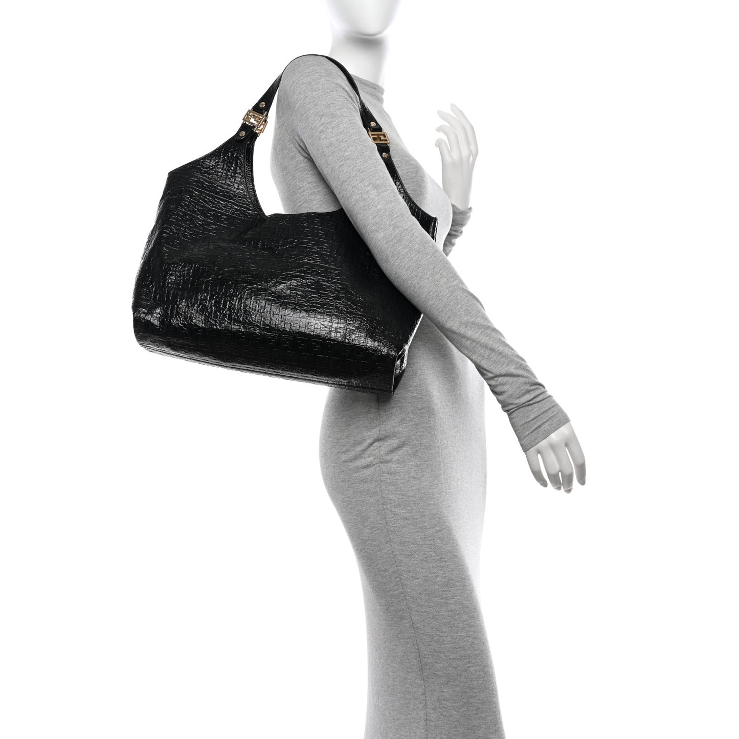 Crinkled Patent FF Hobo Shoulder Bag Black