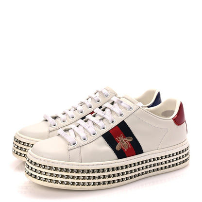 Gucci Calfskin Crystal Web Bee Embroidered Womens Ace Platform Sneakers 36 White 3 of 8
