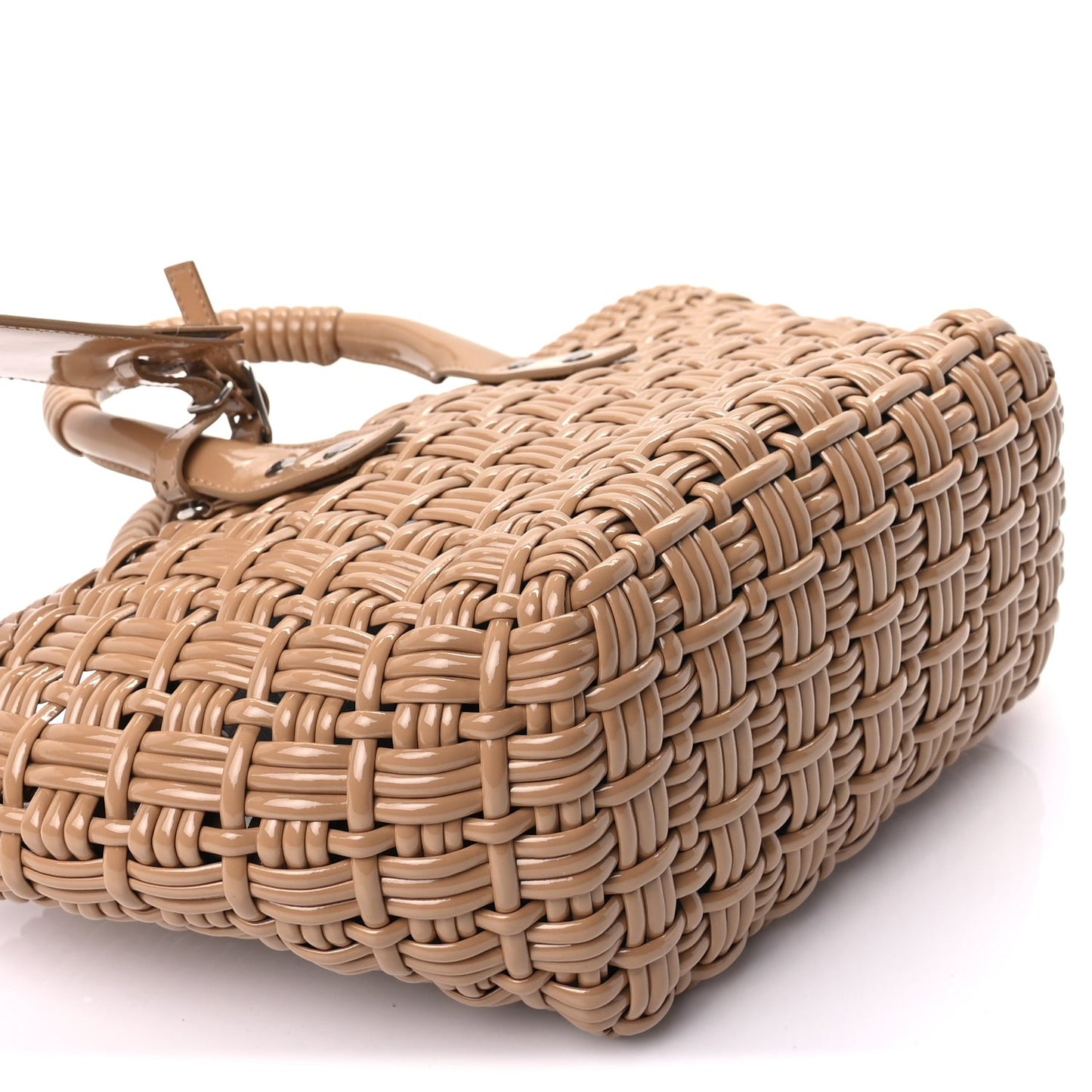 Varnished Faux Calfskin Braided XS Bistro Basket Beige