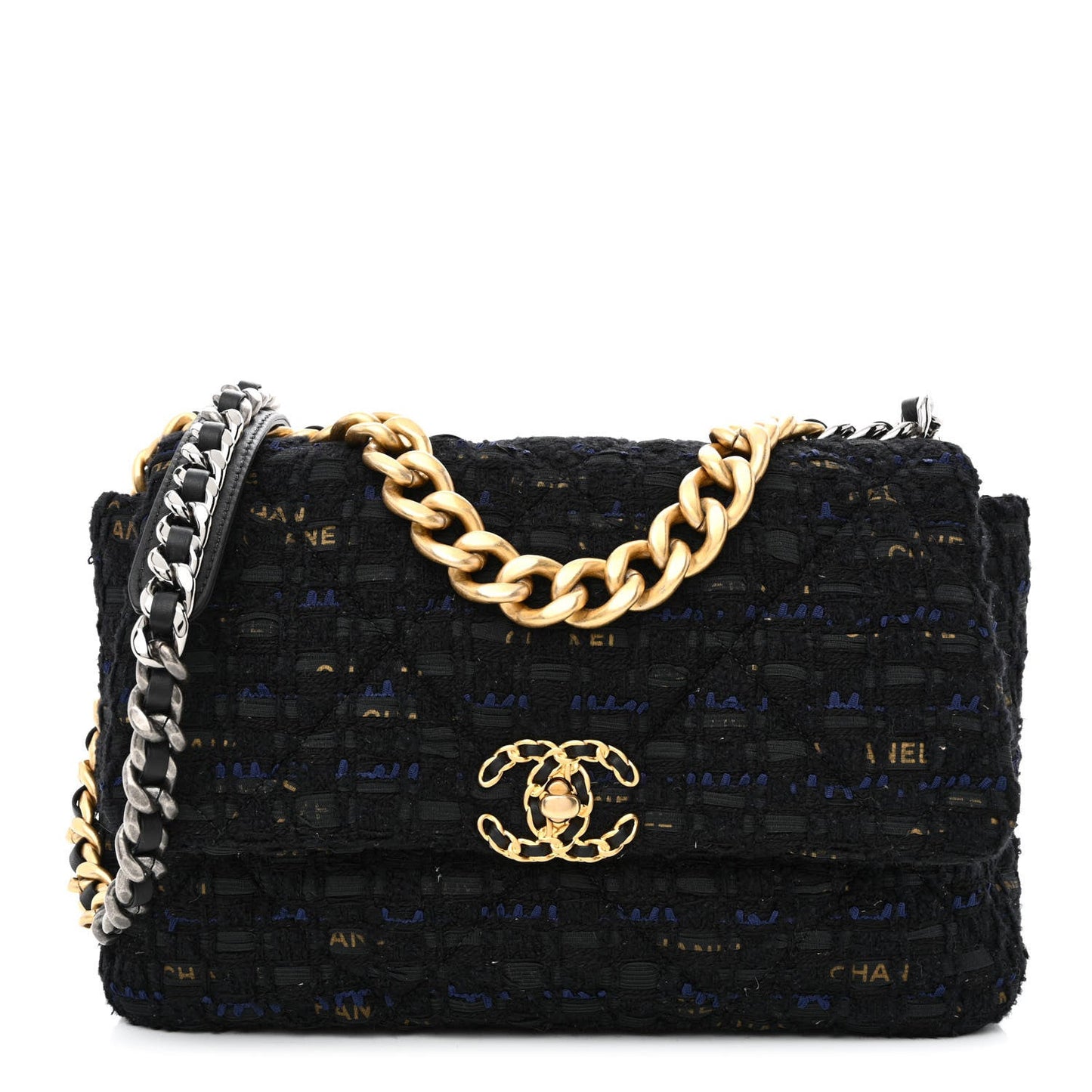 Tweed Quilted Large 19 Flap Black Navy Gold