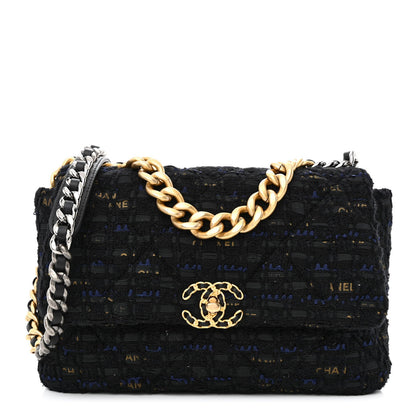 Chanel Tweed Quilted Large 19 Flap Black Navy Gold 1 of 7
