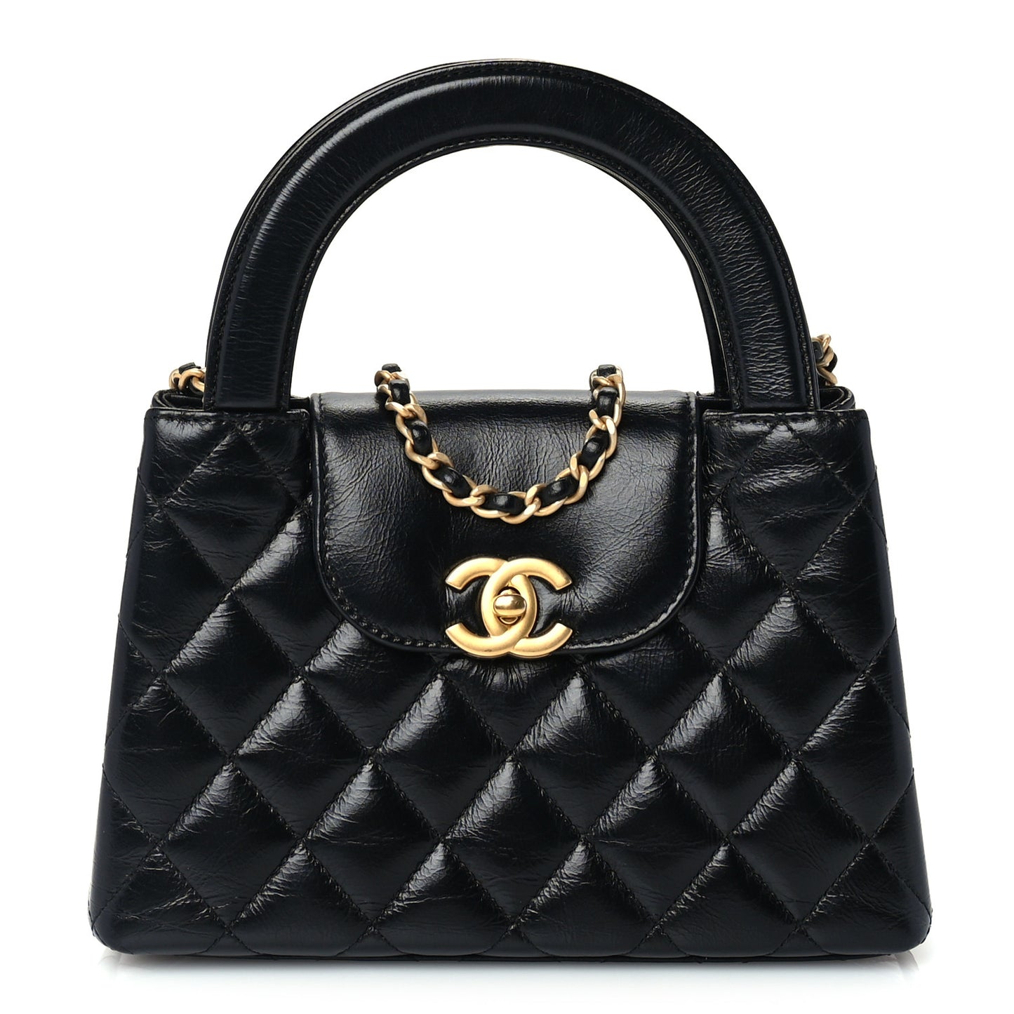 Shiny Aged Calfskin Quilted Nano Kelly Shopper Black