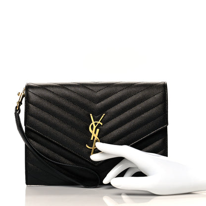 Saint Laurent Grain De Poudre Matelasse Chevron Monogram Envelope Clutch Black 3 of 13