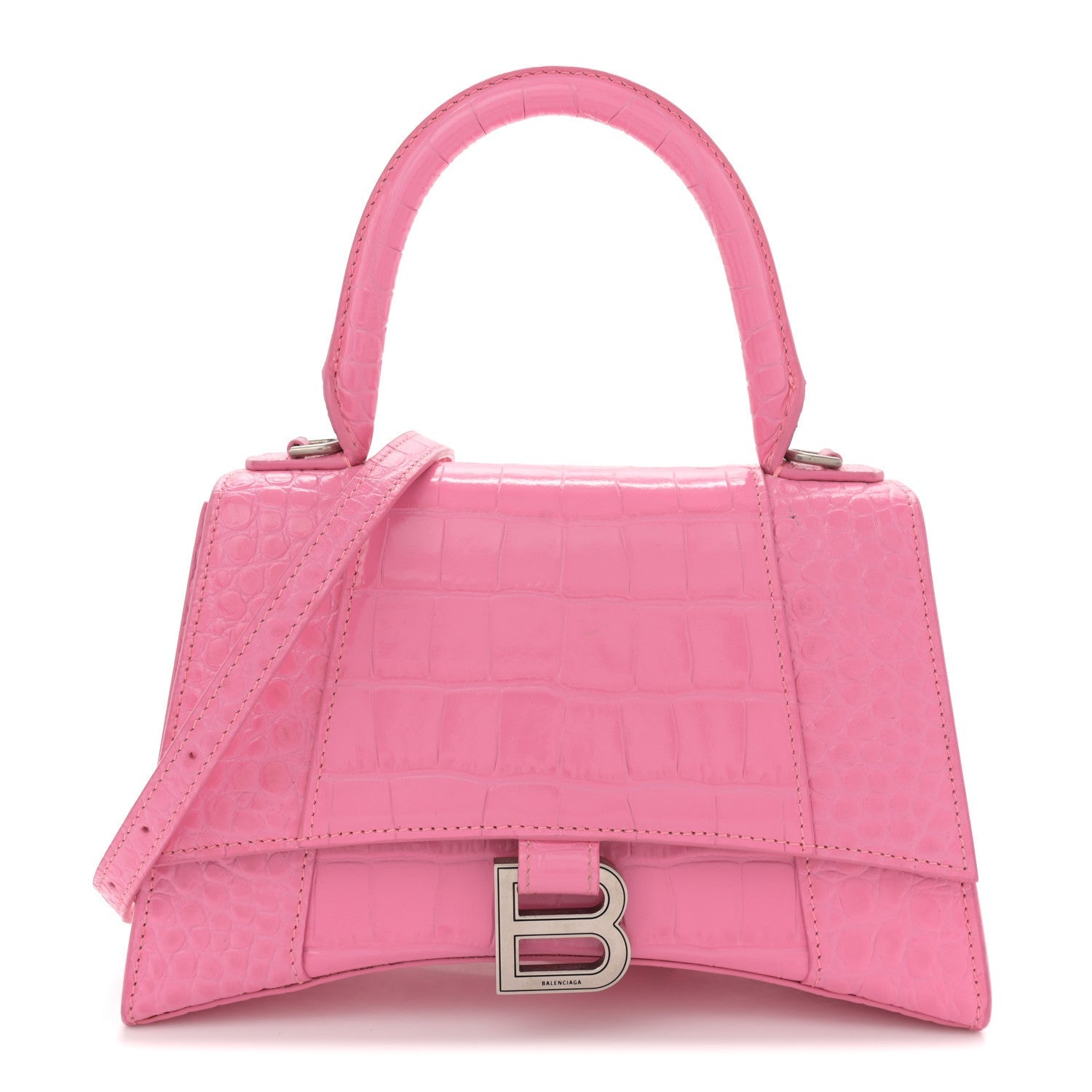 Balenciaga Shiny Calfskin Crocodile Embossed Small Hourglass Top Handle Bag Baby Pink 1 of 7