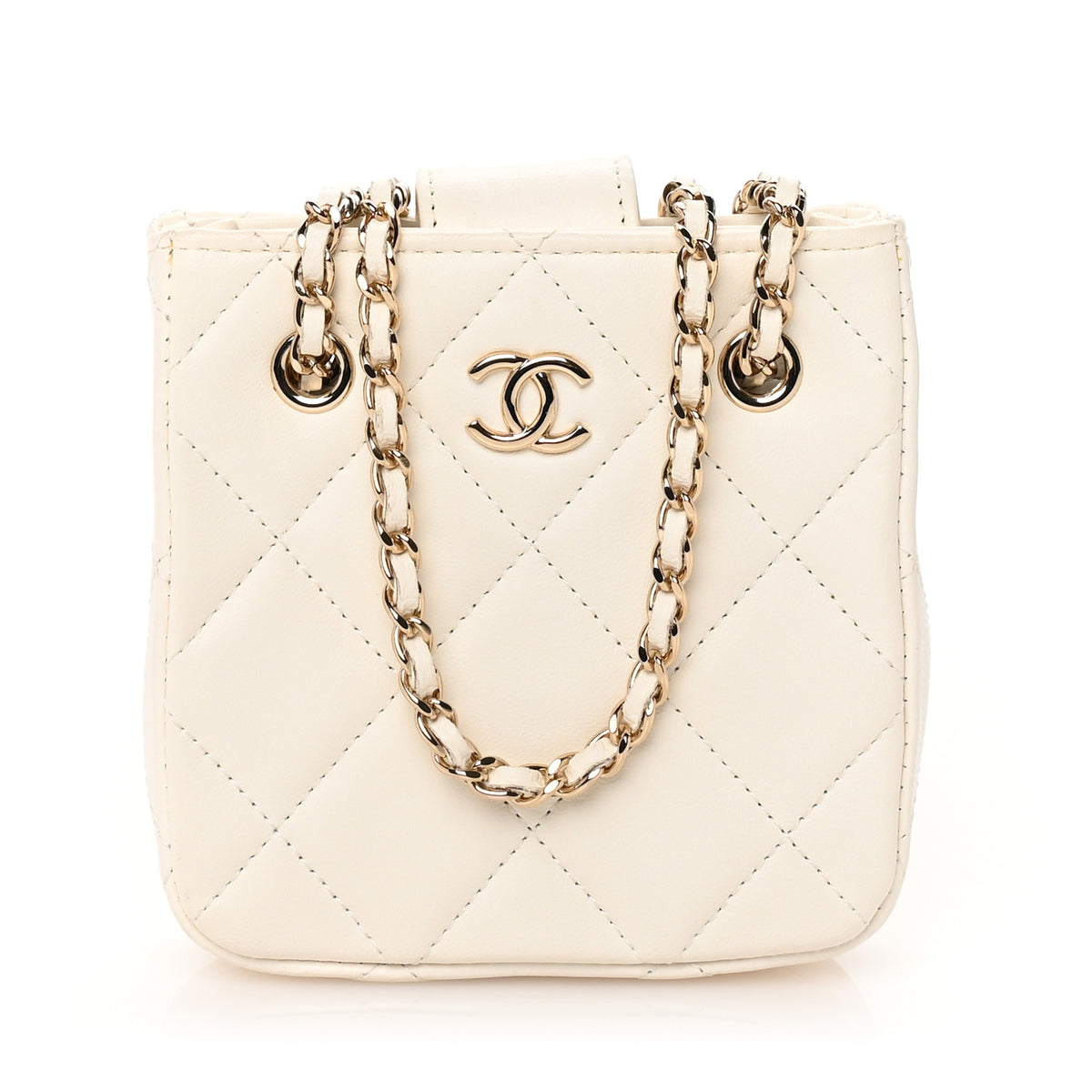 Lambskin Quilted Tiny Shopping Clutch With Chain White