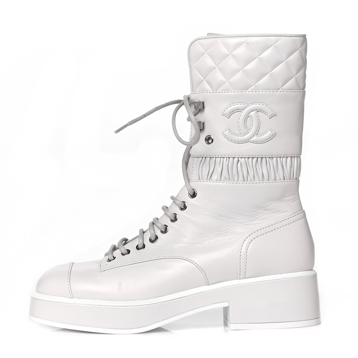 Lambskin Quilted Lace Up Combat Boots 38 White
