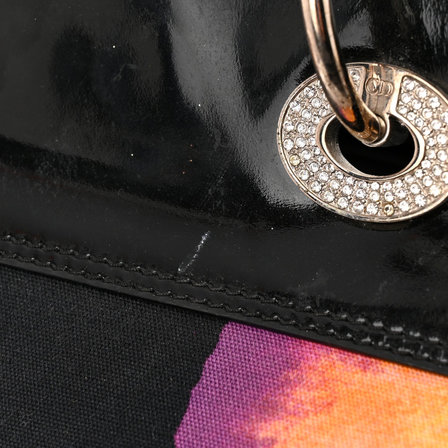 Patent Crystal Embellished Canvas Lips Print Tote Black Multicolor