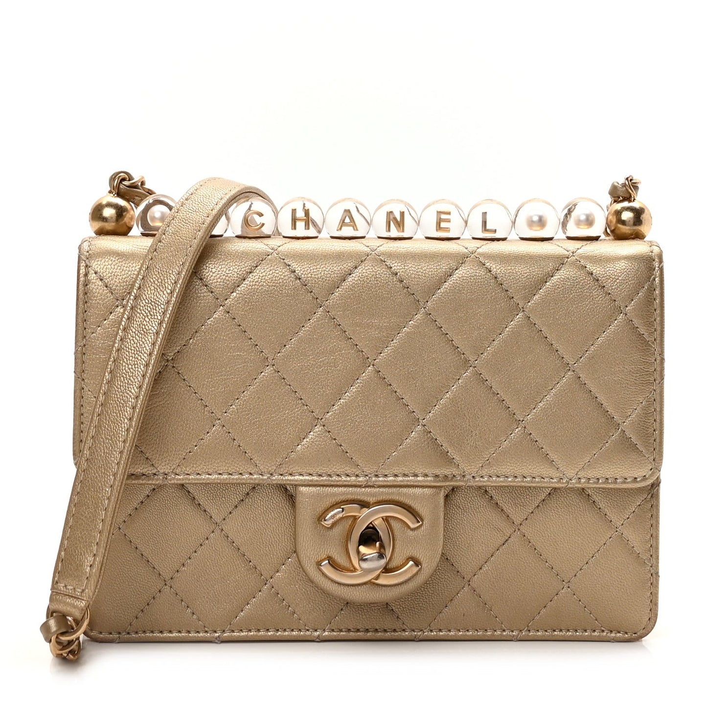 Metallic Lambskin Quilted Small Chic Pearls Flap Gold