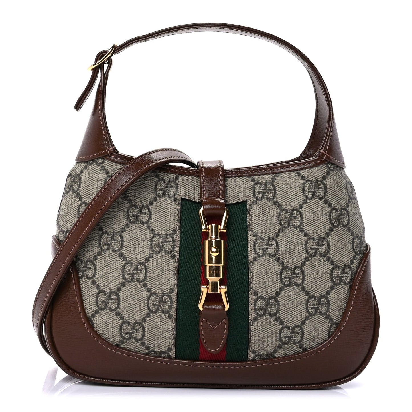 GG Supreme Monogram Azalea Calfskin Web Mini Jackie 1961 Hobo Beige Ebony Brown Sugar