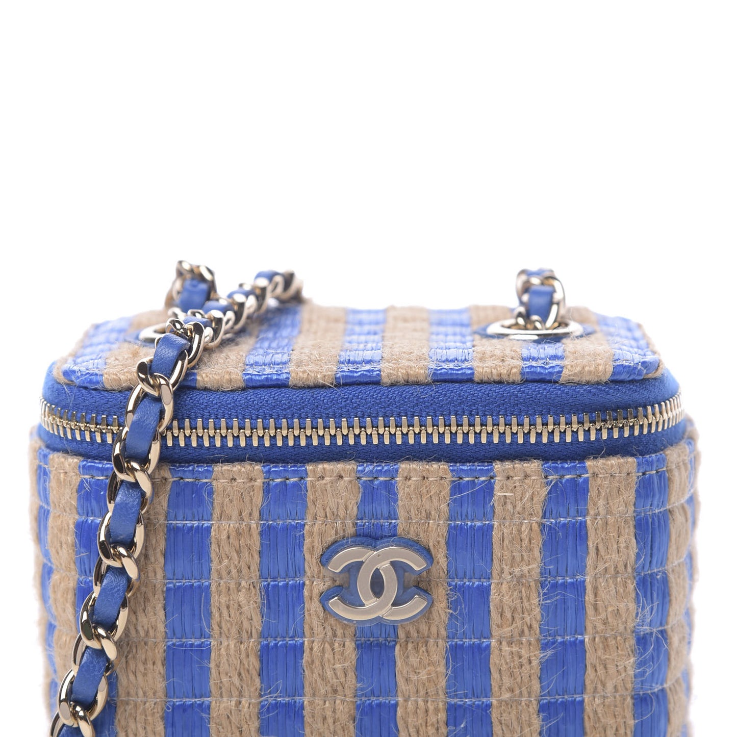 Raffia Jute Striped Mini Vanity Case With Chain Blue Beige