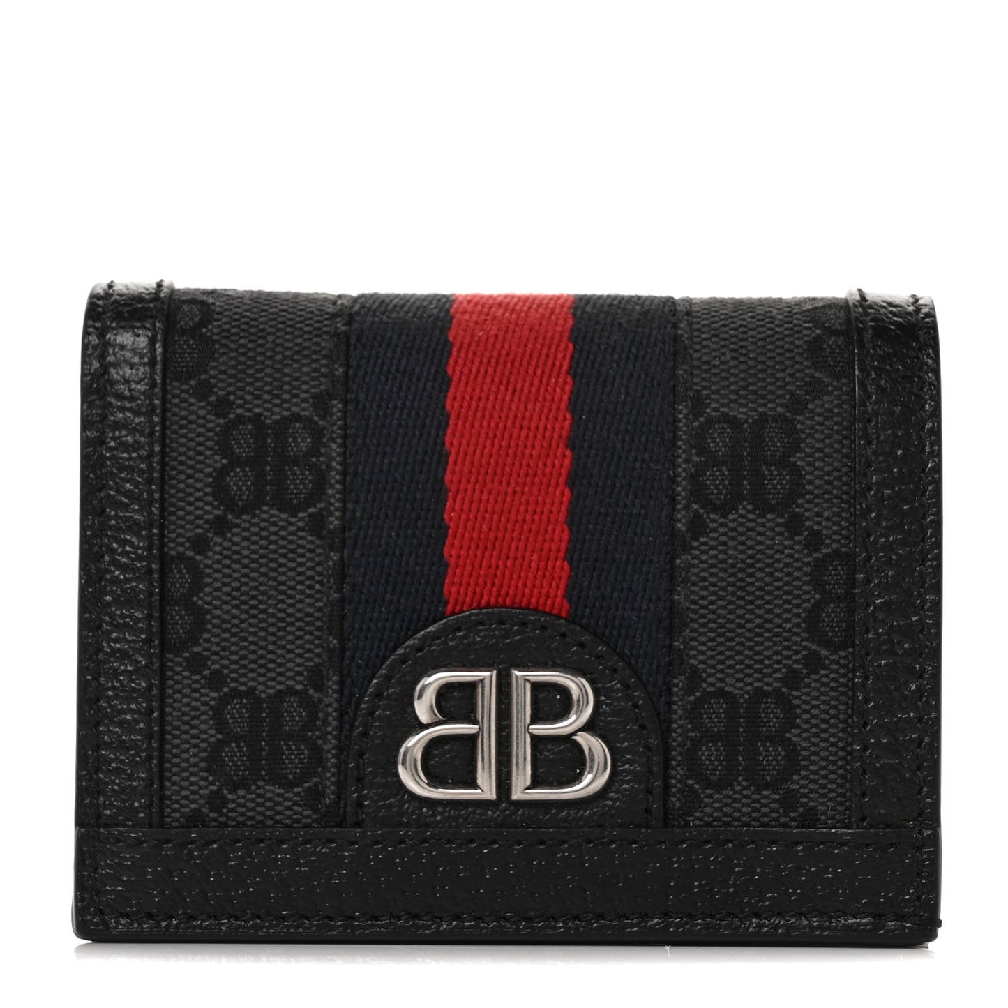 X BALENCIAGA BB Monogram Web Ophidia Card Case Wallet Black