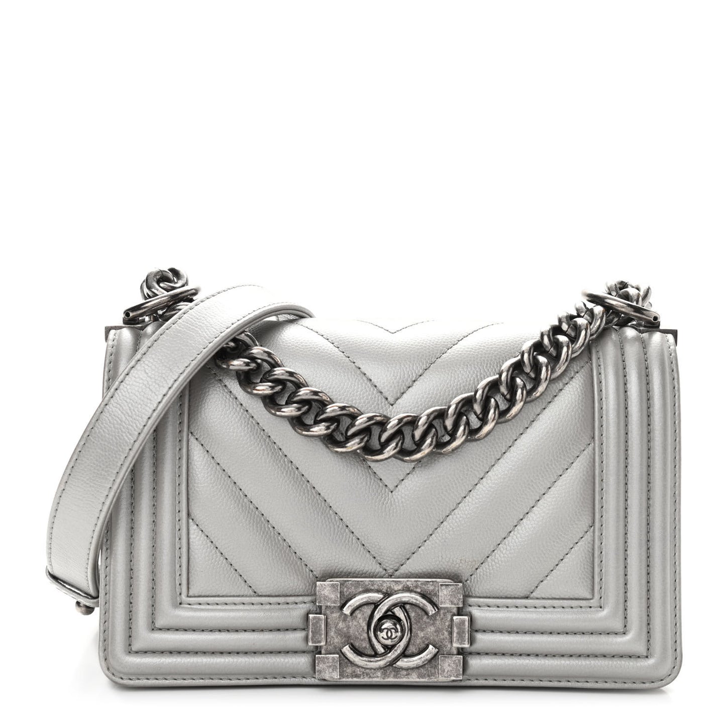 Metallic Caviar Chevron Quilted Small Boy Flap Silver