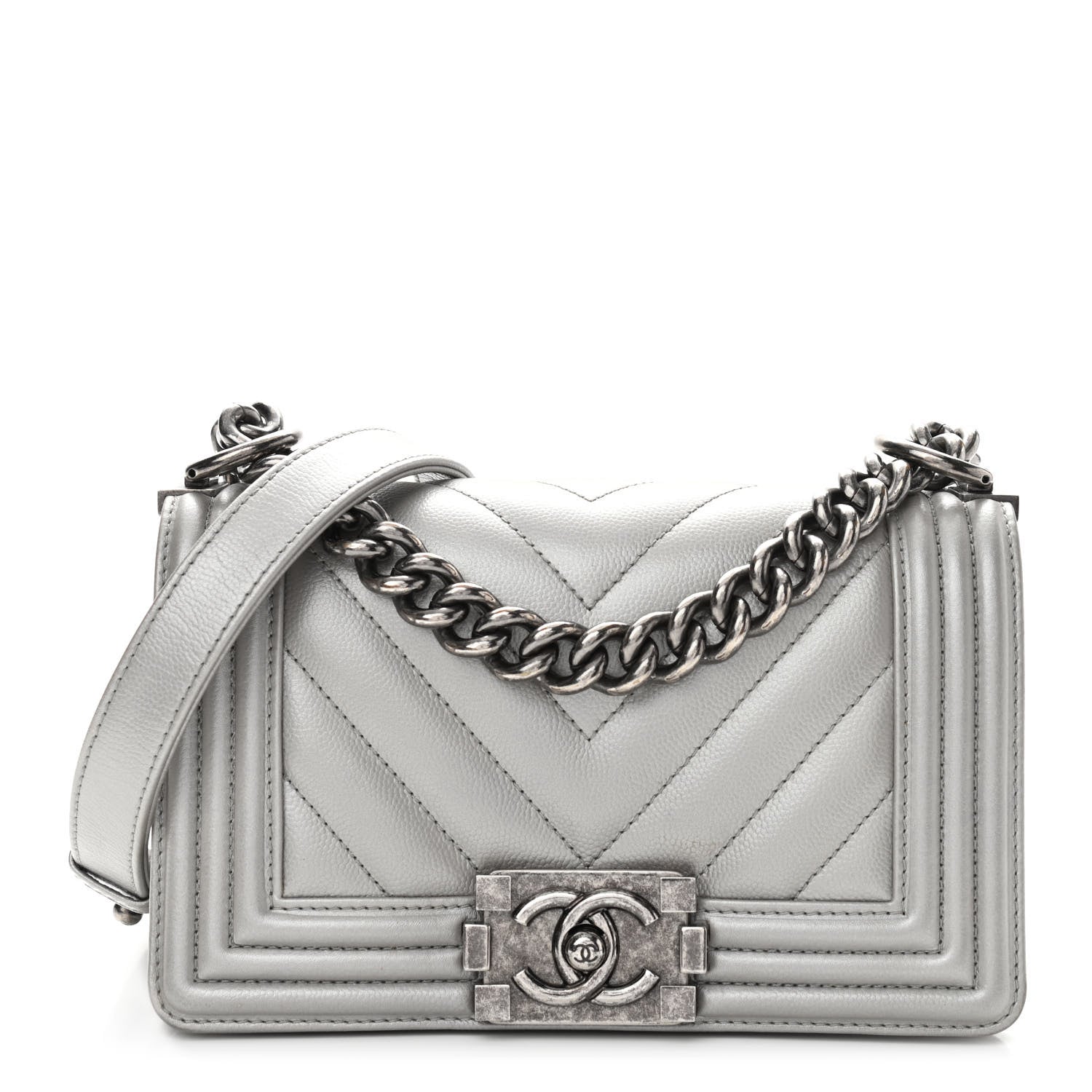 Chanel Metallic Caviar Chevron Quilted Small Boy Flap Silver 1 of 10