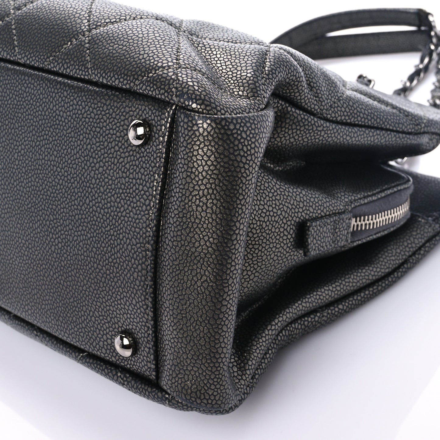 Metallic Caviar Quilted CC Tote Dark Silver
