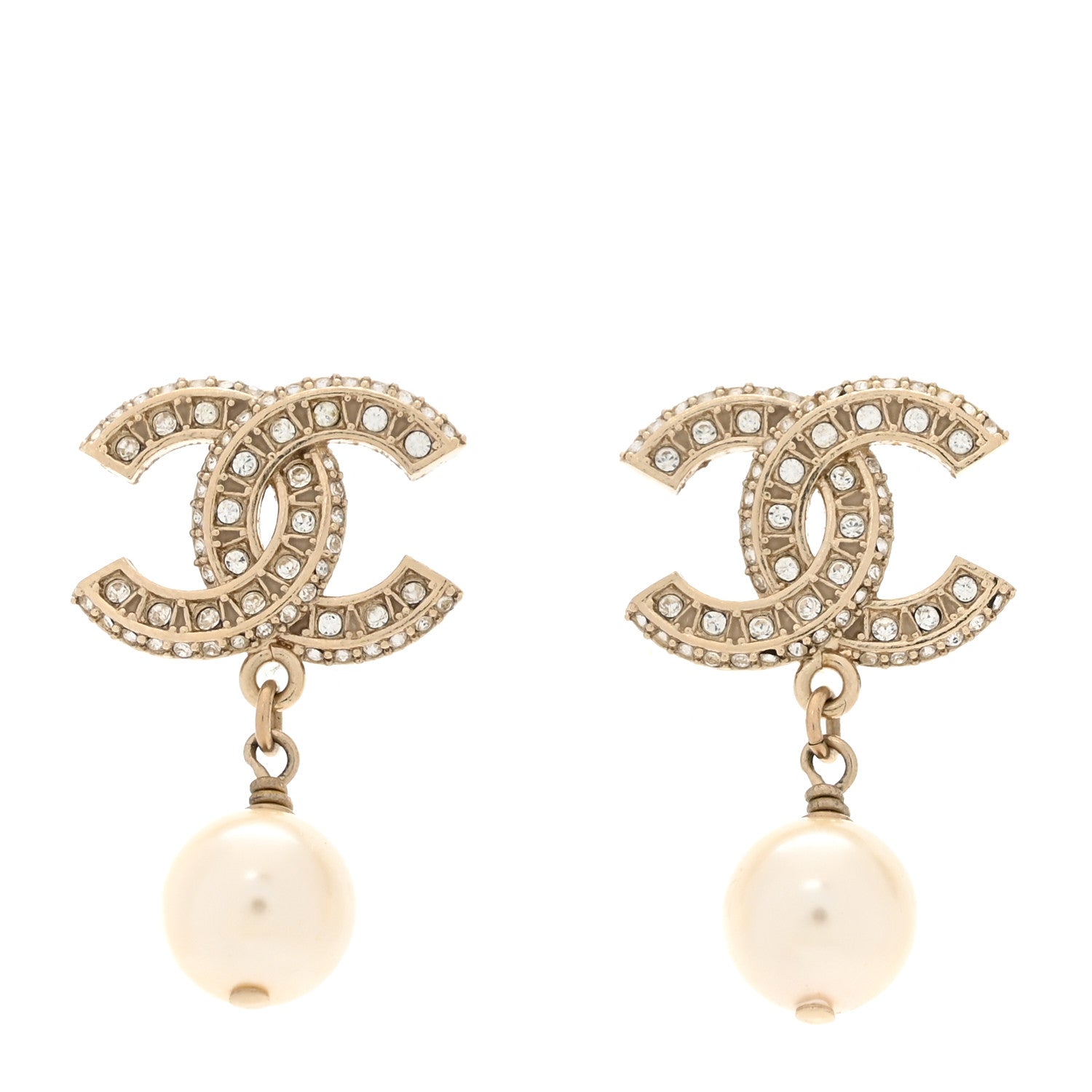 Chanel Crystal Pearl CC Drop Earrings Gold 1 of 5