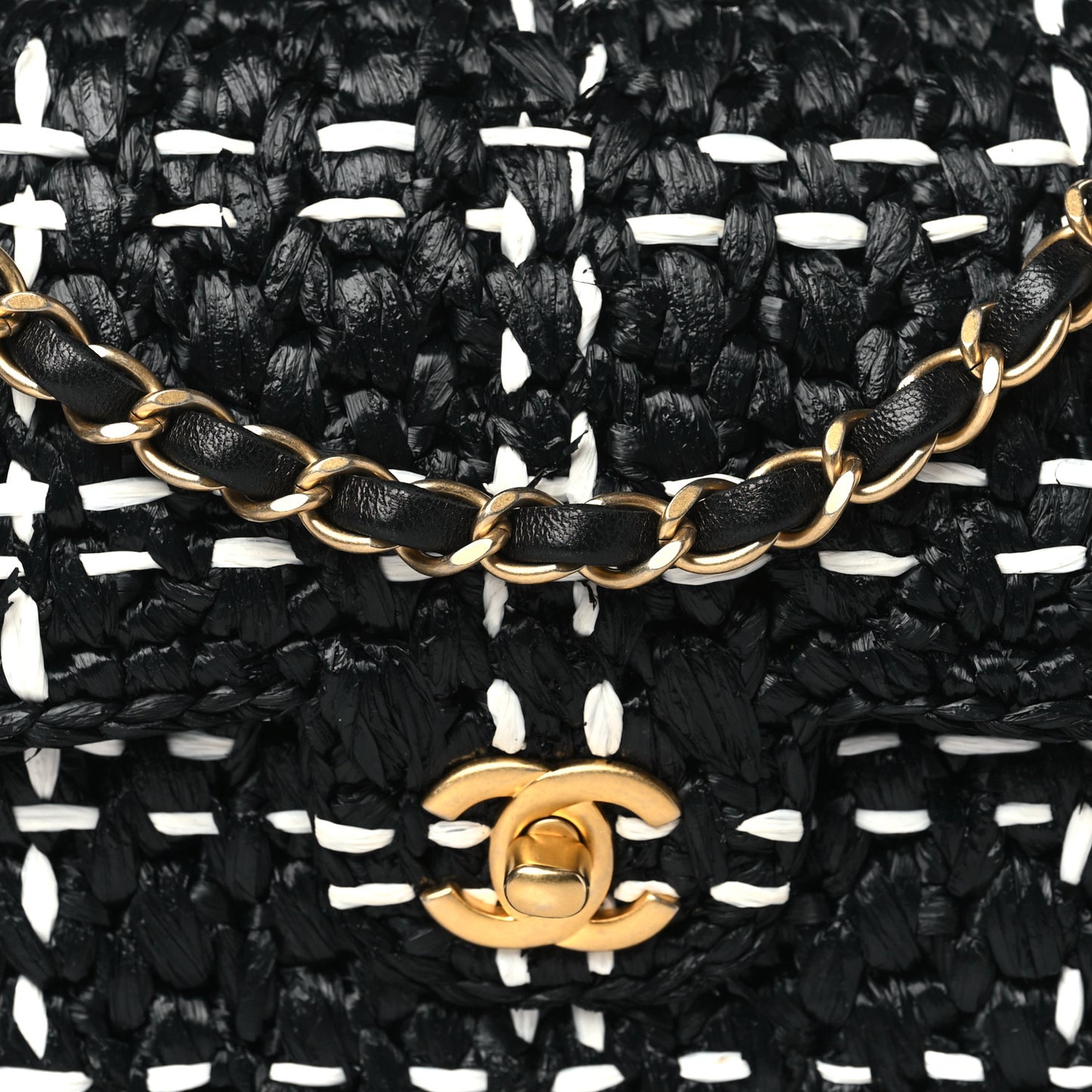 Raffia Effect Medium Tweedy Flap Bag Black White