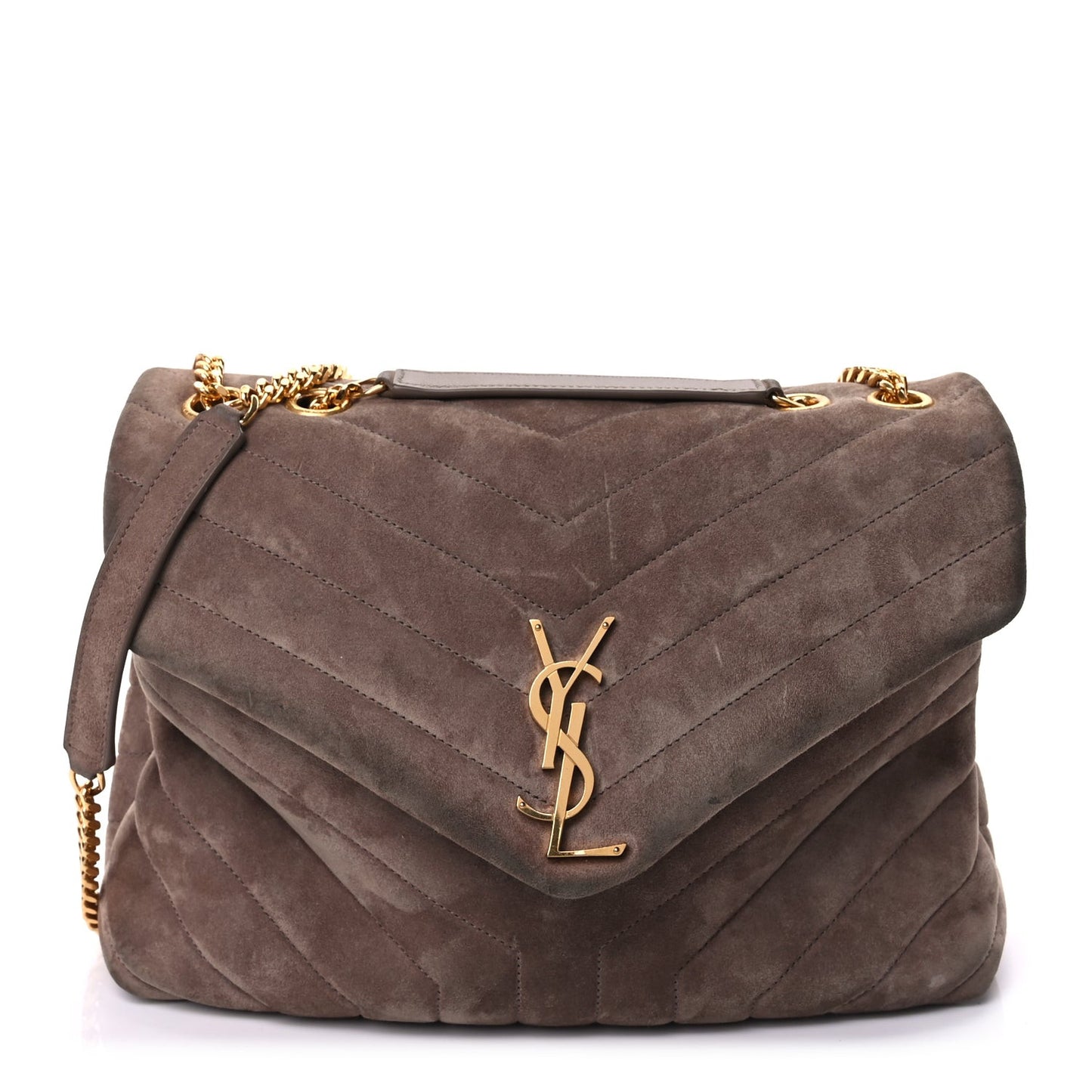 Suede Y Quilted Monogram Medium Loulou Chain Satchel Taupe