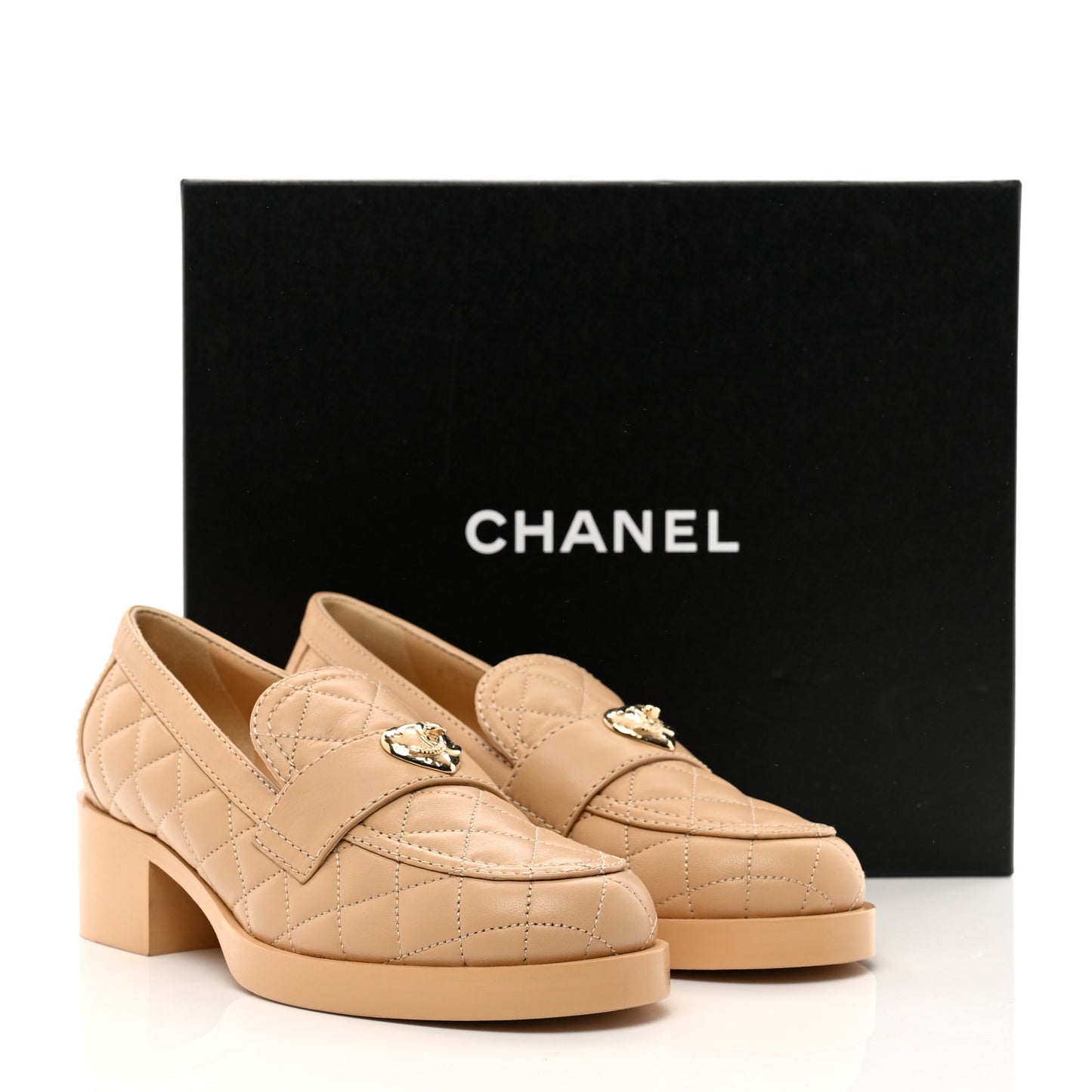 Lambskin Quilted CC Heart Loafers 38 Beige