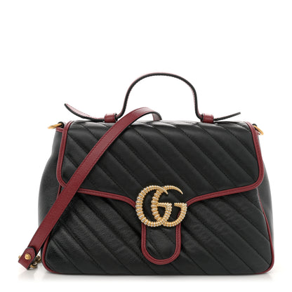 Gucci Vintage Effect Calfskin Matelasse Diagonal Small Torchon GG Marmont Top Handle Shoulder Bag Black Romantic Cherry 1 of 14