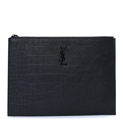 Saint Laurent Calfskin Crocodile Embossed Tablet Pouch  Black 1 of 7