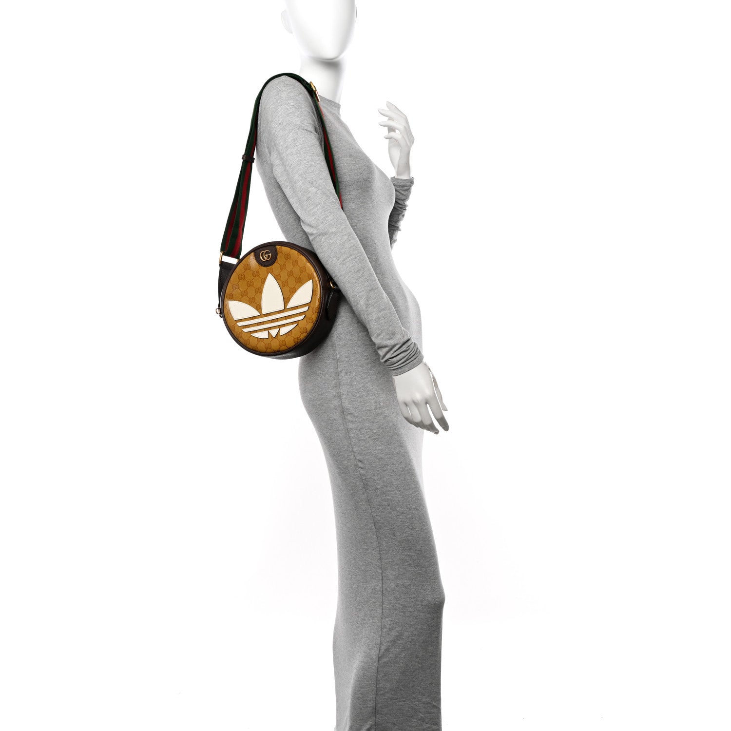Gucci X ADIDAS Crystal Vintage Monogram Textured Dollar Calfskin Web Trefoil Small Ophidia Round Shoulder Bag Mid Natural Nut Off White New Acero 2 of 10
