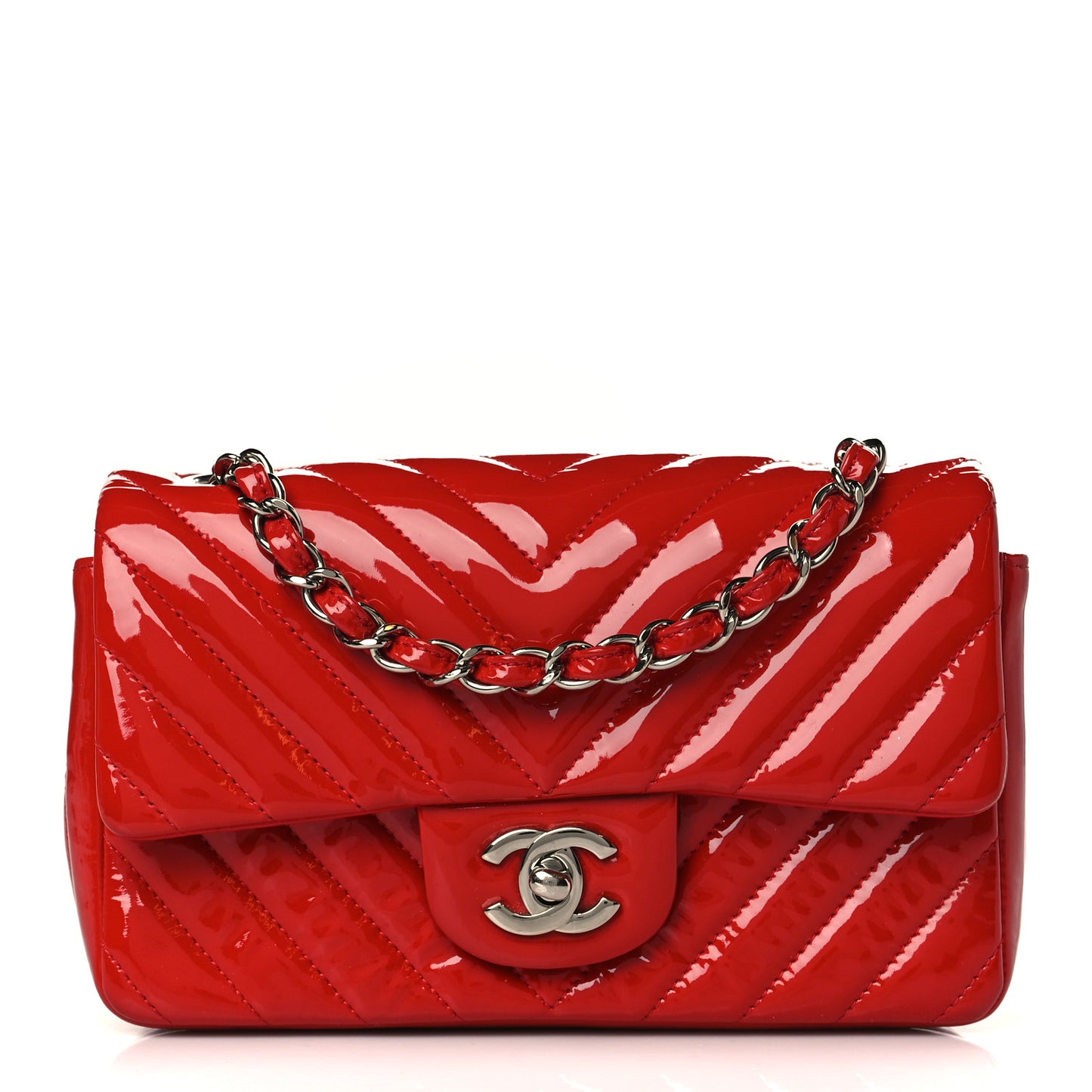 Patent Calfskin Chevron Quilted Mini Rectangular Flap Red
