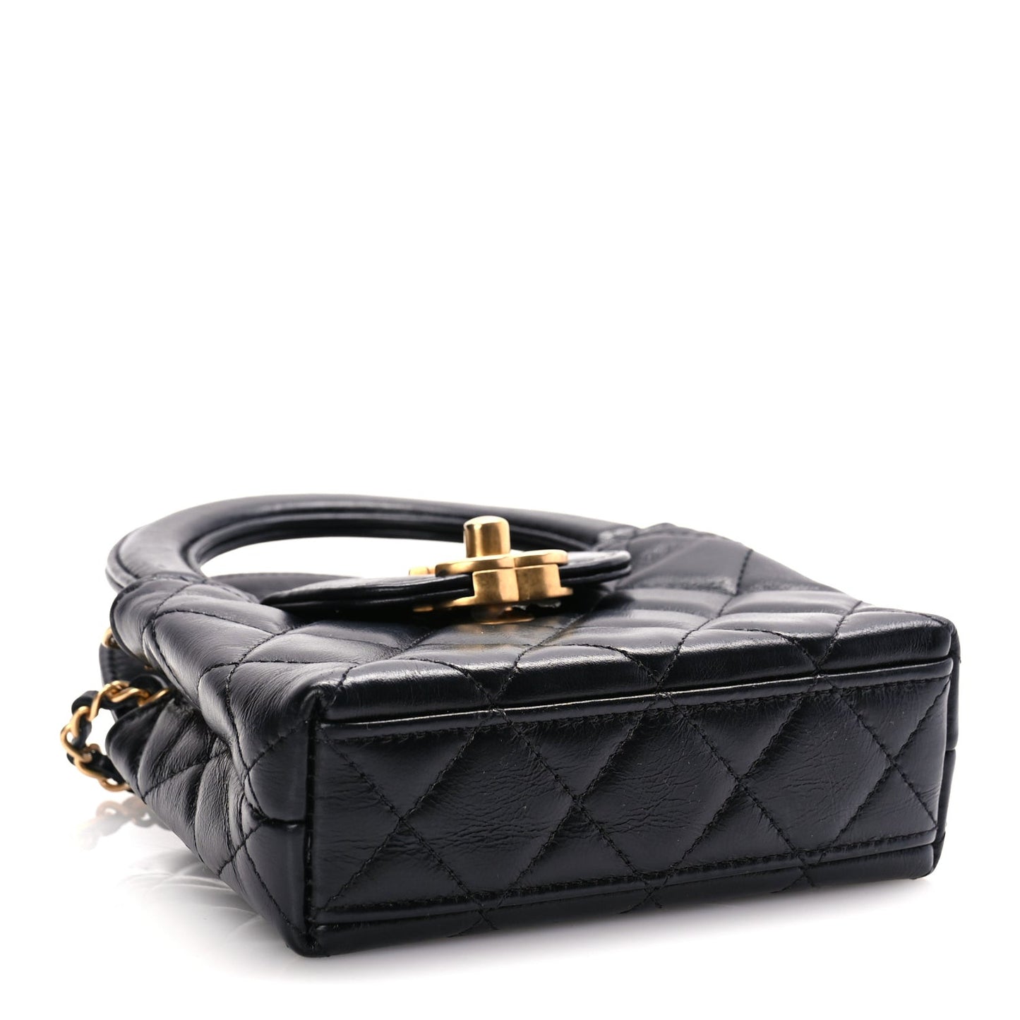 Shiny Aged Calfskin Quilted Mini Nano Kelly Shopper Black