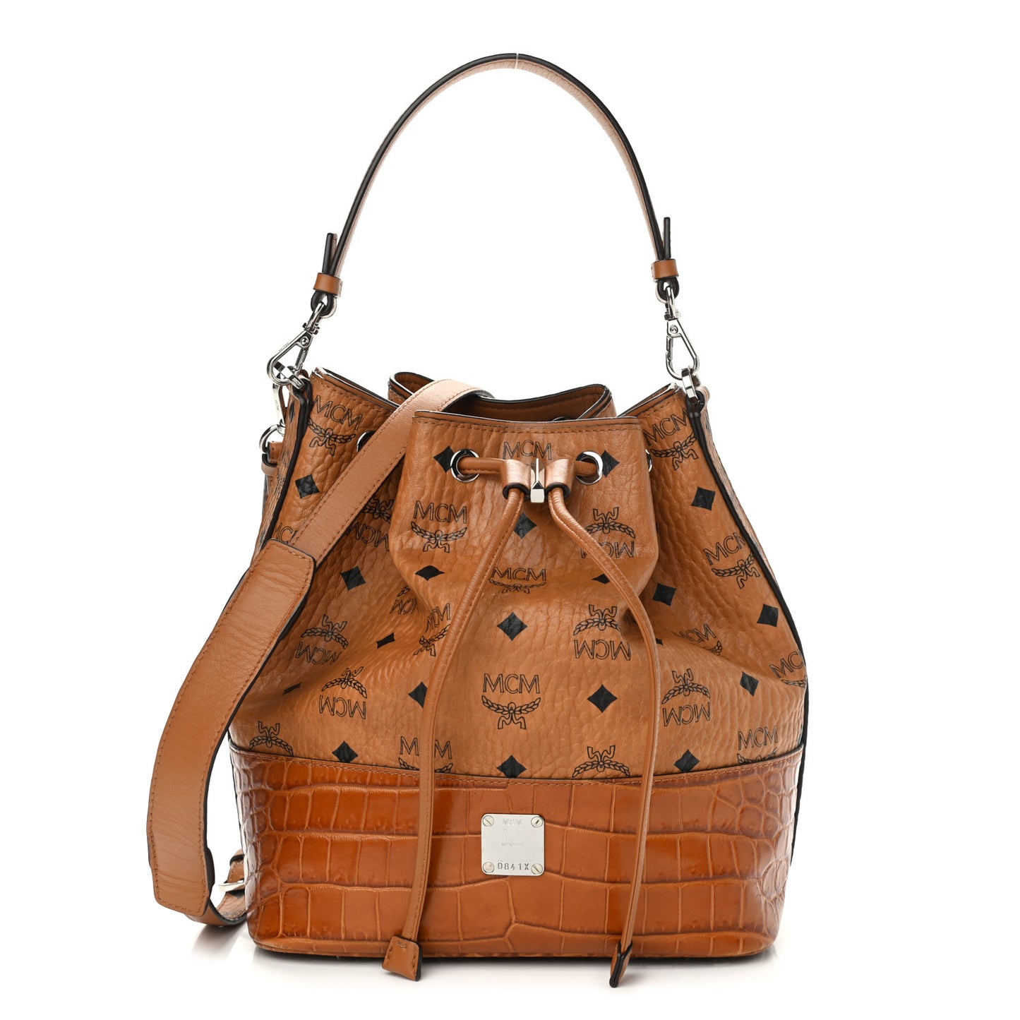 Visetos Crocodile Embossed Geonautic Bucket Bag Cognac