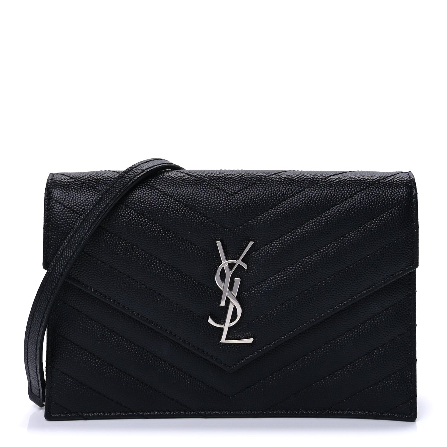Saint Laurent Grain De Poudre Matelasse Chevron Monogram Envelope Chain Wallet Black 1 of 8
