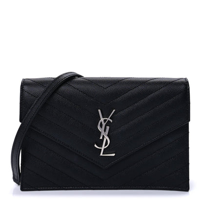 Saint Laurent Grain De Poudre Matelasse Chevron Monogram Envelope Chain Wallet Black 1 of 8