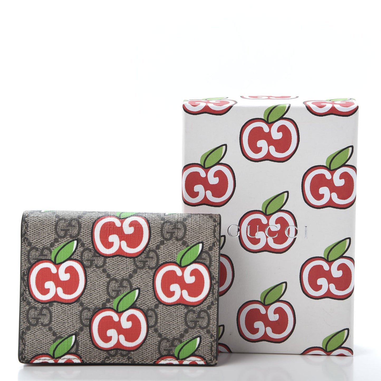 GG Supreme Monogram Apple Card Case Wallet Beige Multicolor Lobster Red