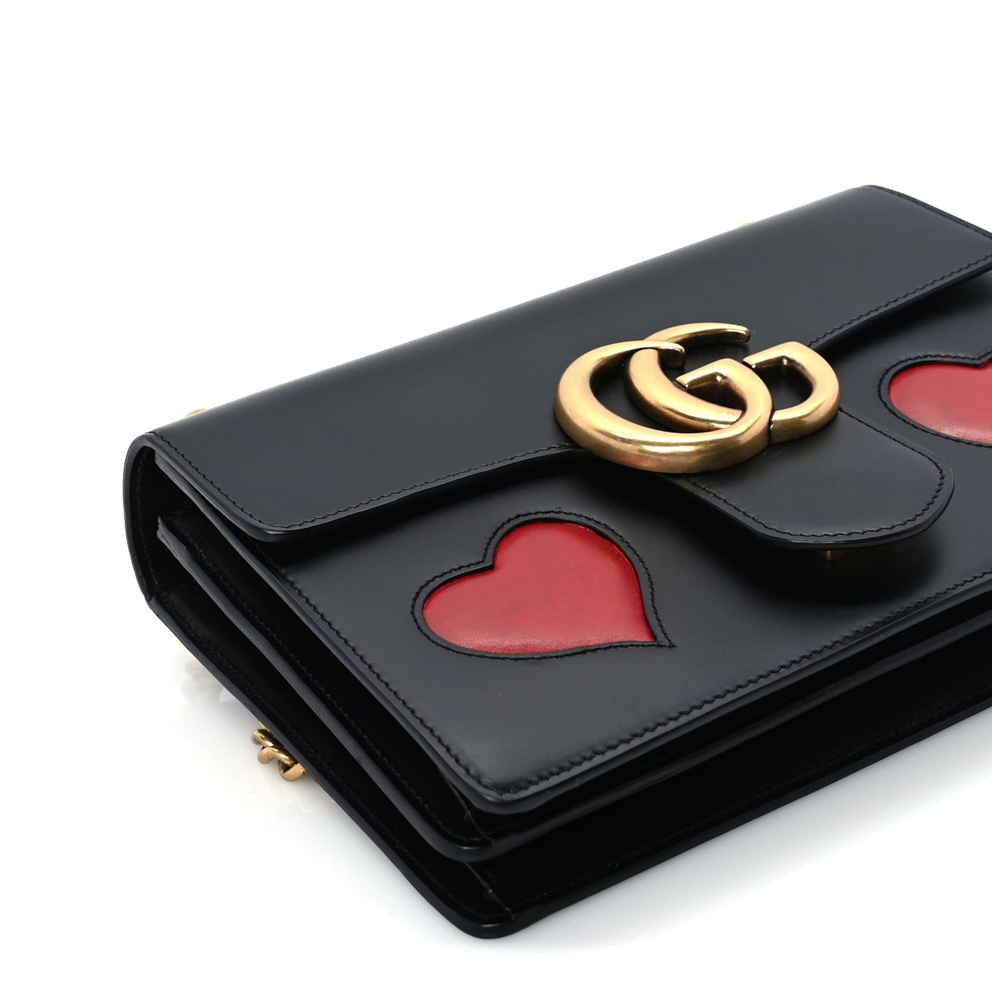Knight Calfskin Malaga Kid Heart Medium GG Marmont Chain Handle Bag Black Hibiscus Red Multicolor